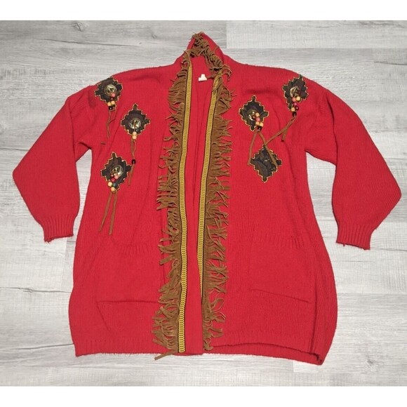Vintage Aztec Long Red Sweater Cardigan Southwest Fringes Women's OSFA - Picture 2 of 11